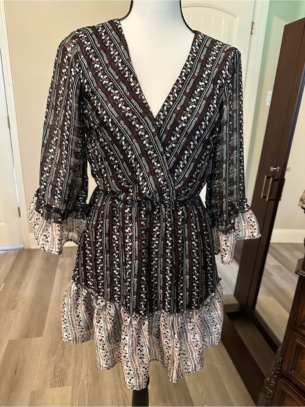 Blue Rain for Francesca Black, Cream and Burgundy Striped Floral Wrap Mini Dress